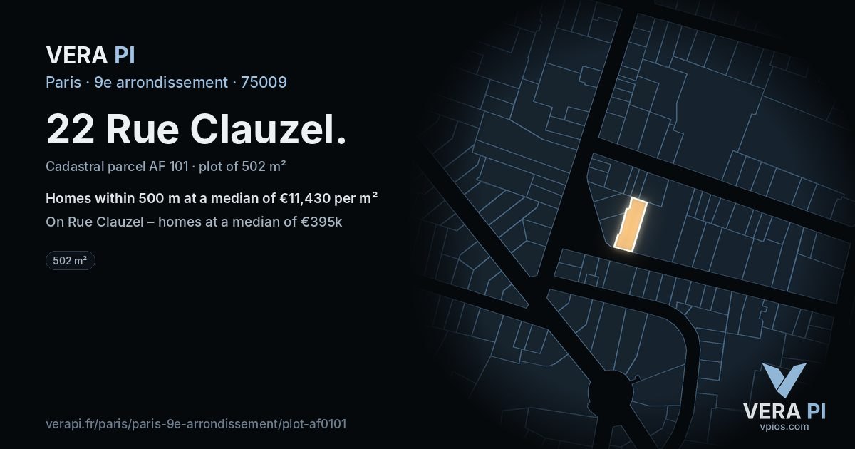 22 Rue Clauzel, 9e arrondissement at night – the plot lit, the parcels around coloured by the prices near them