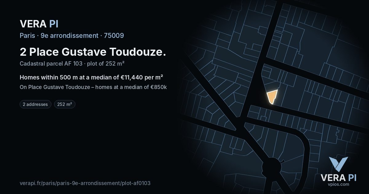 2 Place Gustave Toudouze, 9e arrondissement at night – the plot lit, the parcels around coloured by the prices near them