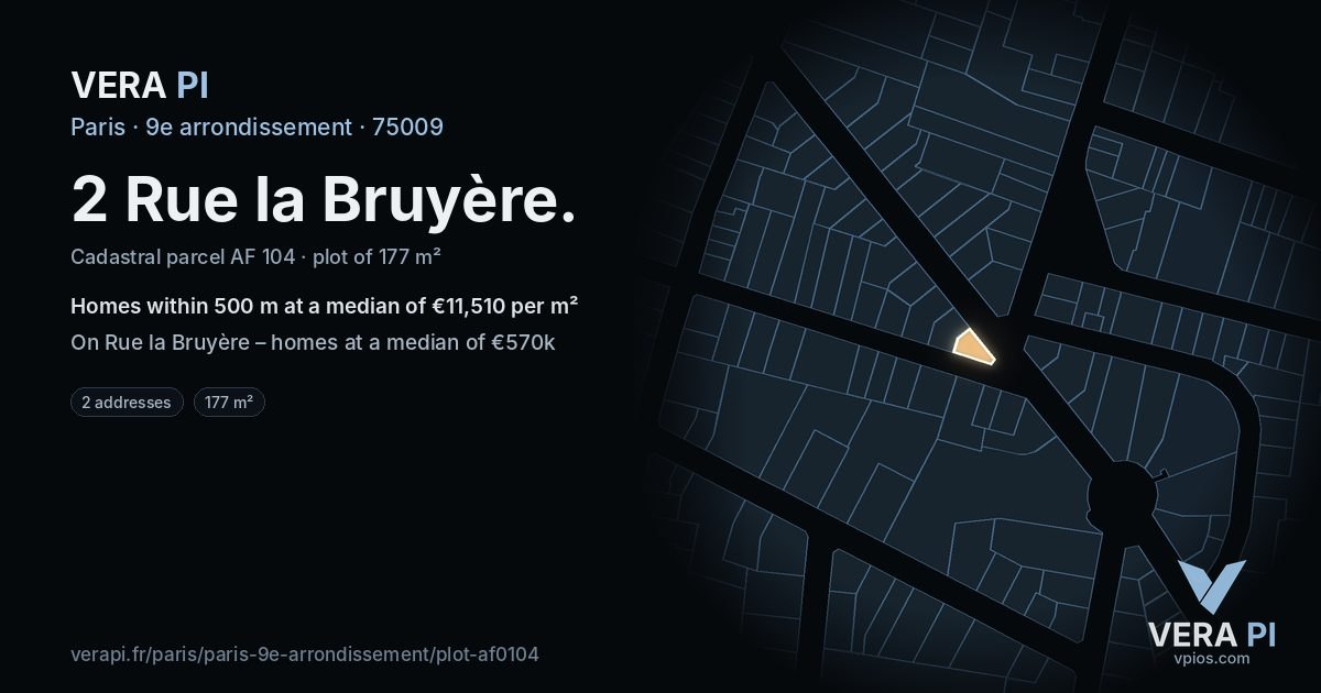 2 Rue la Bruyère, 9e arrondissement at night – the plot lit, the parcels around coloured by the prices near them
