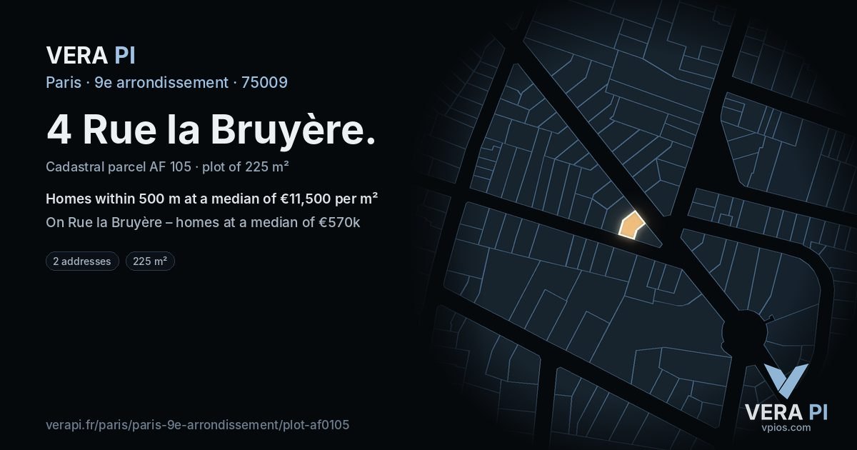 4 Rue la Bruyère, 9e arrondissement at night – the plot lit, the parcels around coloured by the prices near them