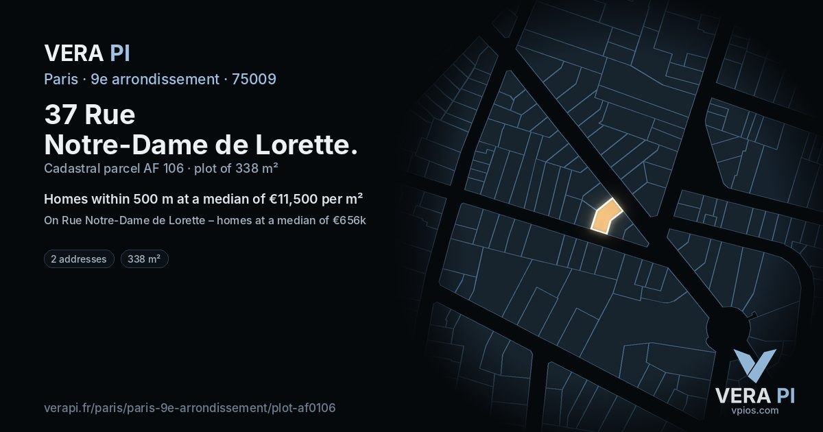 37 Rue Notre-Dame de Lorette, 9e arrondissement at night – the plot lit, the parcels around coloured by the prices near them