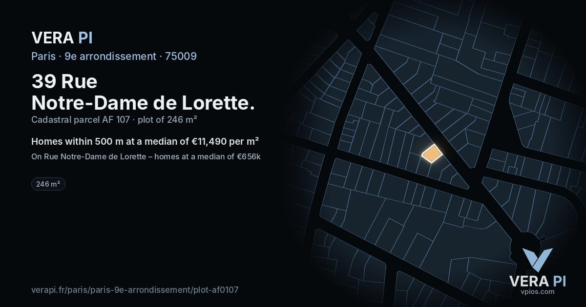 39 Rue Notre-Dame de Lorette, 9e arrondissement at night – the plot lit, the parcels around coloured by the prices near them