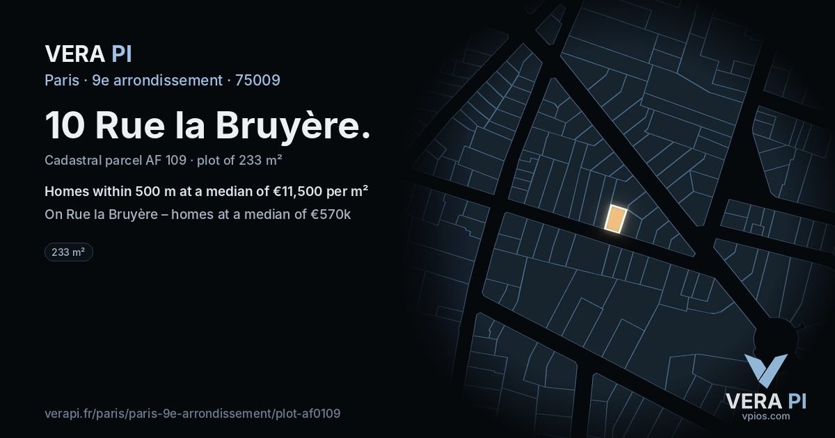 10 Rue la Bruyère, 9e arrondissement at night – the plot lit, the parcels around coloured by the prices near them