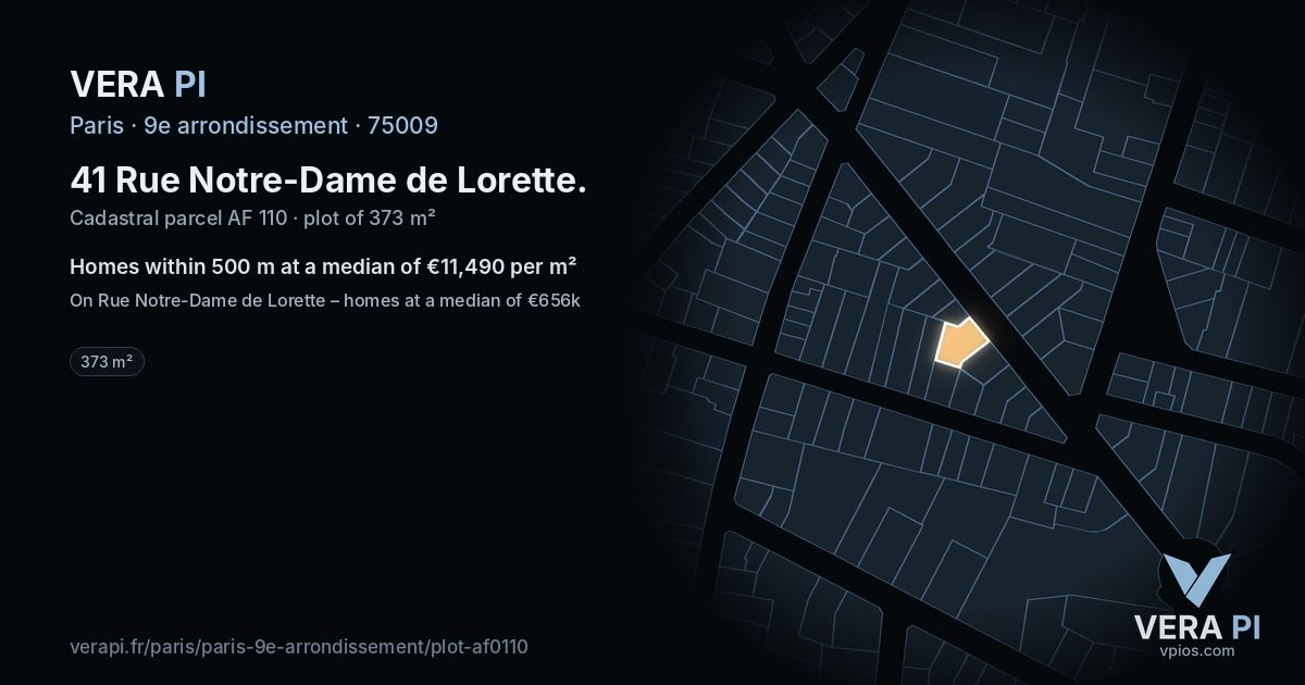 41 Rue Notre-Dame de Lorette, 9e arrondissement at night – the plot lit, the parcels around coloured by the prices near them