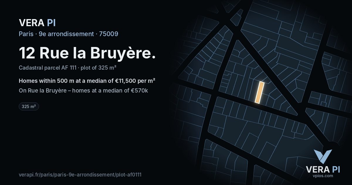 12 Rue la Bruyère, 9e arrondissement at night – the plot lit, the parcels around coloured by the prices near them