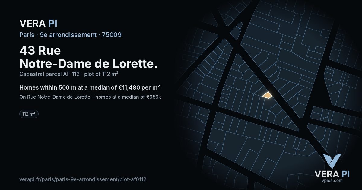 43 Rue Notre-Dame de Lorette, 9e arrondissement at night – the plot lit, the parcels around coloured by the prices near them