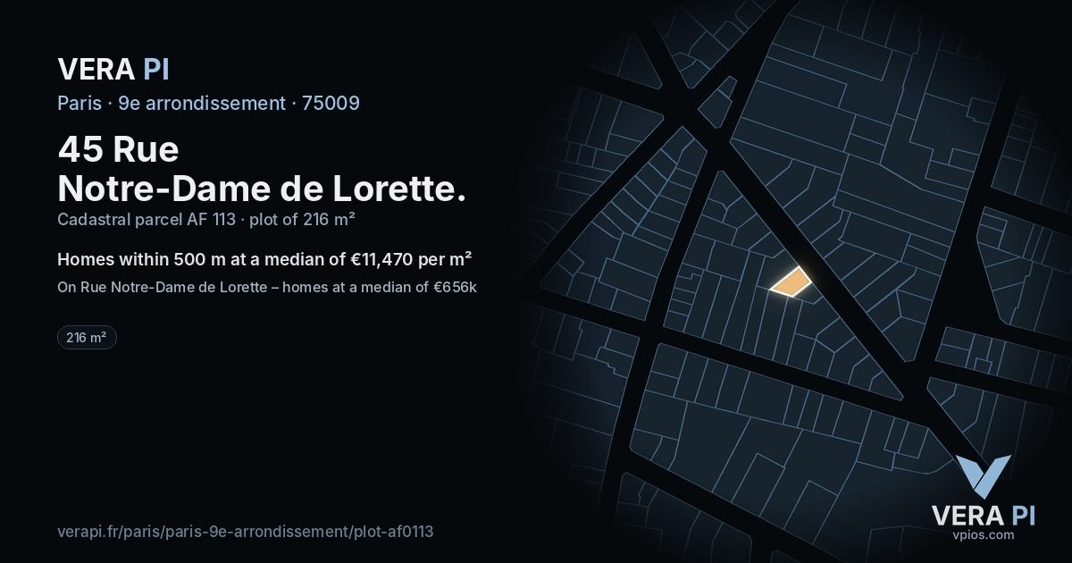 45 Rue Notre-Dame de Lorette, 9e arrondissement at night – the plot lit, the parcels around coloured by the prices near them