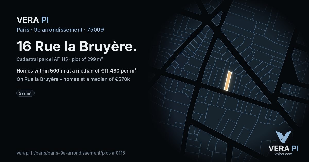 16 Rue la Bruyère, 9e arrondissement at night – the plot lit, the parcels around coloured by the prices near them