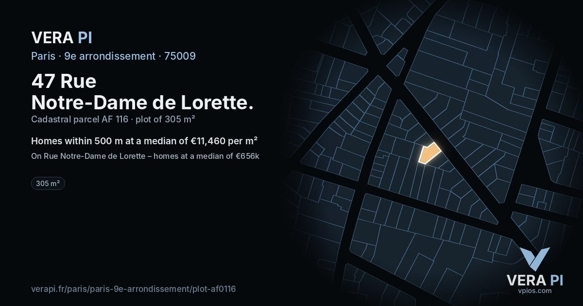 47 Rue Notre-Dame de Lorette, 9e arrondissement at night – the plot lit, the parcels around coloured by the prices near them