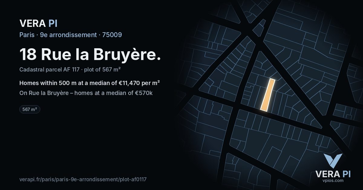 18 Rue la Bruyère, 9e arrondissement at night – the plot lit, the parcels around coloured by the prices near them