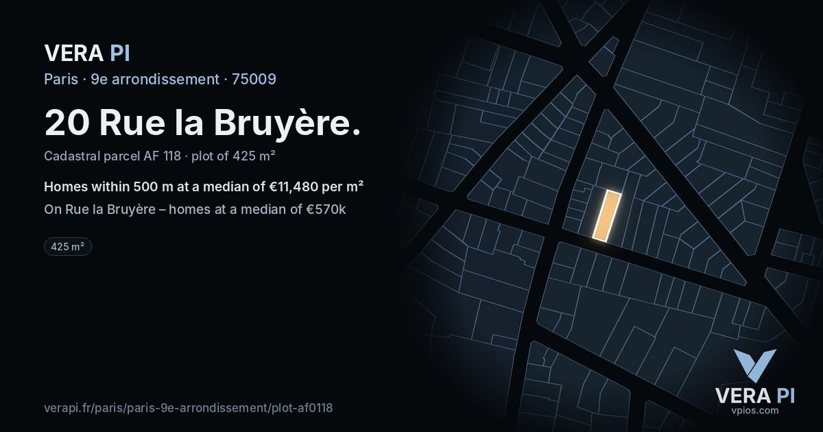 20 Rue la Bruyère, 9e arrondissement at night – the plot lit, the parcels around coloured by the prices near them