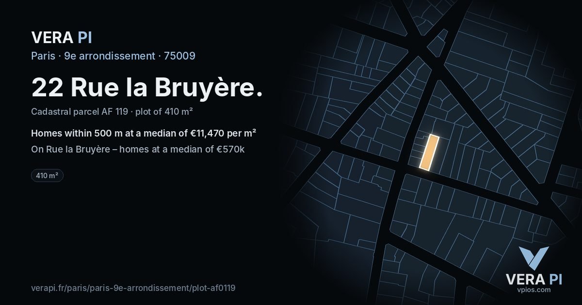 22 Rue la Bruyère, 9e arrondissement at night – the plot lit, the parcels around coloured by the prices near them