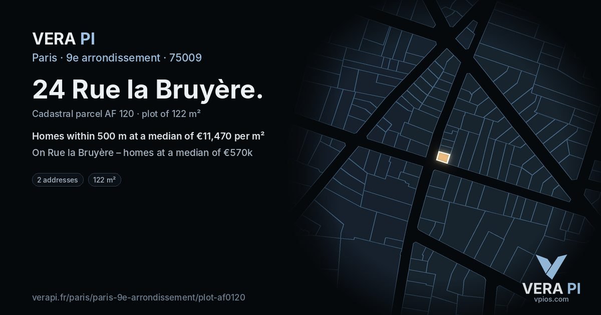 24 Rue la Bruyère, 9e arrondissement at night – the plot lit, the parcels around coloured by the prices near them