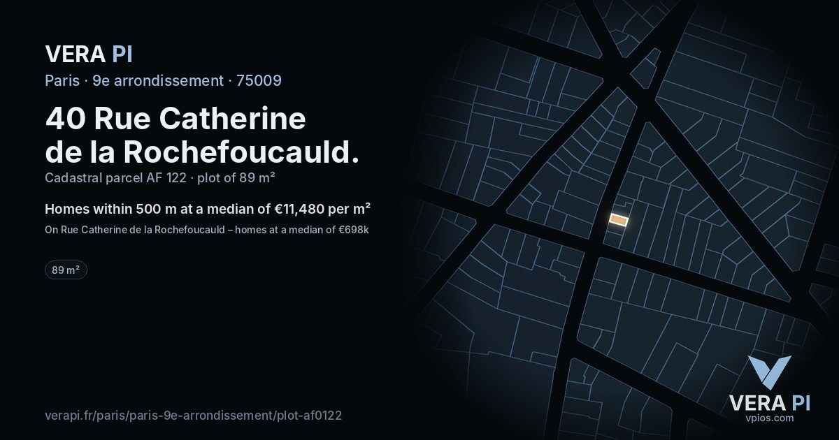 40 Rue Catherine de la Rochefoucauld, 9e arrondissement at night – the plot lit, the parcels around coloured by the prices near them