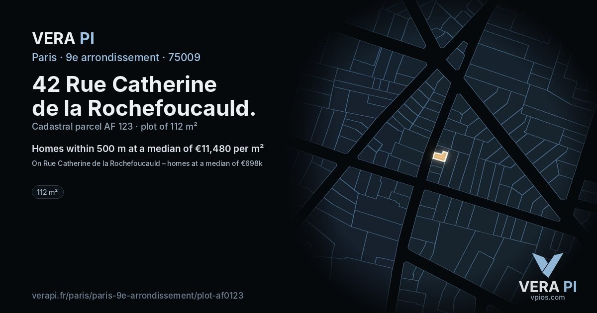 42 Rue Catherine de la Rochefoucauld, 9e arrondissement at night – the plot lit, the parcels around coloured by the prices near them