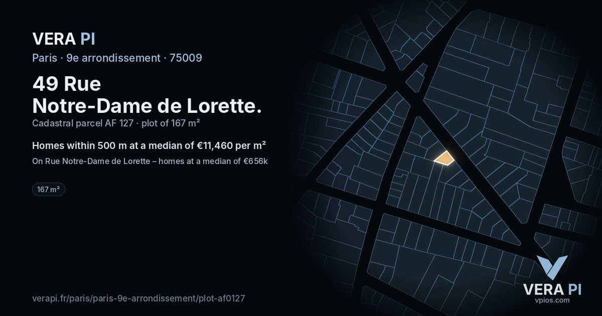 49 Rue Notre-Dame de Lorette, 9e arrondissement at night – the plot lit, the parcels around coloured by the prices near them