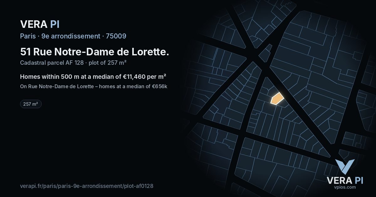 51 Rue Notre-Dame de Lorette, 9e arrondissement at night – the plot lit, the parcels around coloured by the prices near them