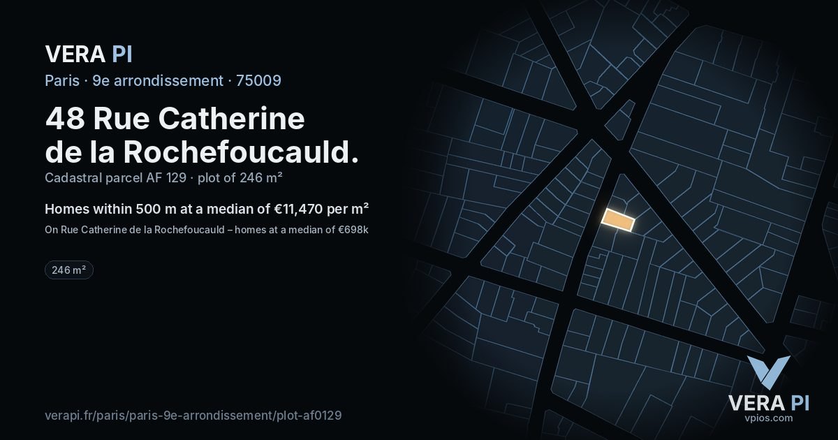 48 Rue Catherine de la Rochefoucauld, 9e arrondissement at night – the plot lit, the parcels around coloured by the prices near them