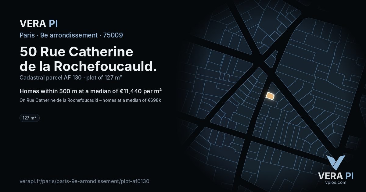50 Rue Catherine de la Rochefoucauld, 9e arrondissement at night – the plot lit, the parcels around coloured by the prices near them