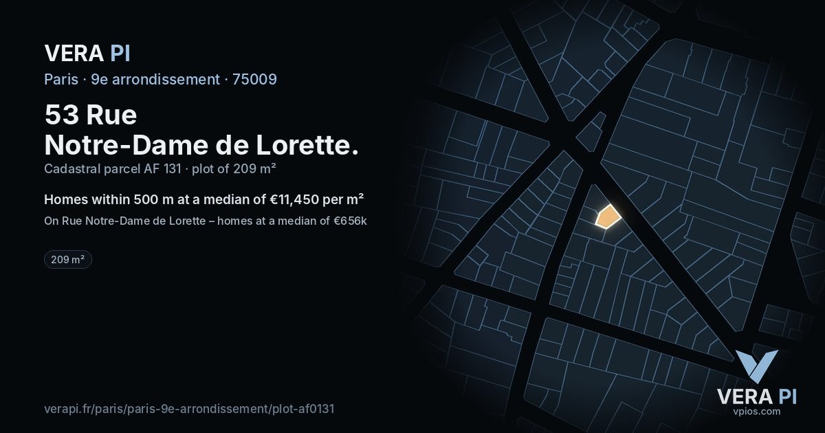 53 Rue Notre-Dame de Lorette, 9e arrondissement at night – the plot lit, the parcels around coloured by the prices near them