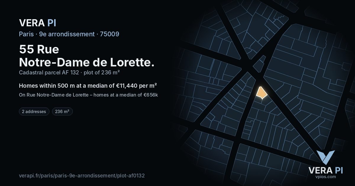 55 Rue Notre-Dame de Lorette, 9e arrondissement at night – the plot lit, the parcels around coloured by the prices near them