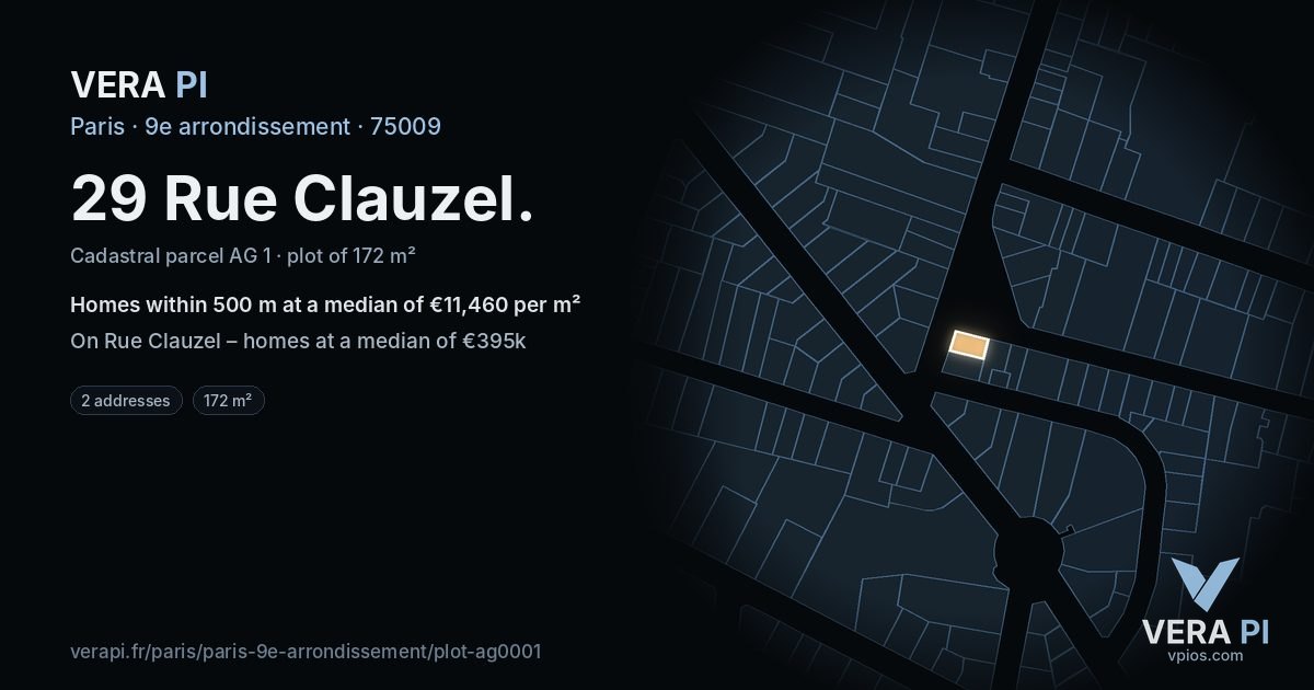 29 Rue Clauzel, 9e arrondissement at night – the plot lit, the parcels around coloured by the prices near them