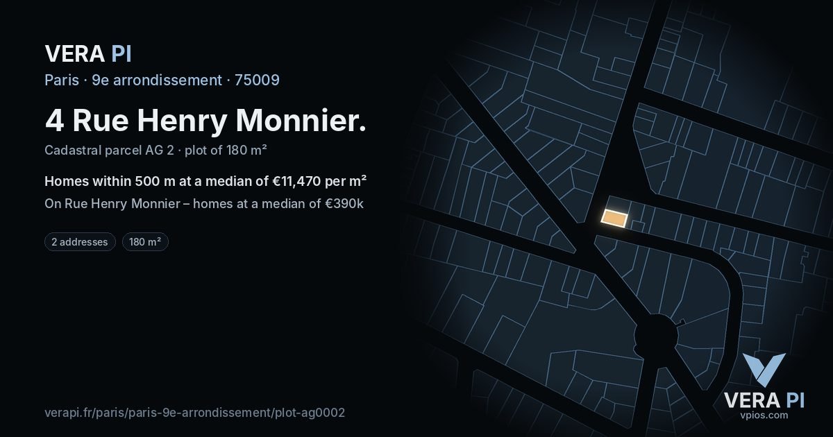 4 Rue Henry Monnier, 9e arrondissement at night – the plot lit, the parcels around coloured by the prices near them