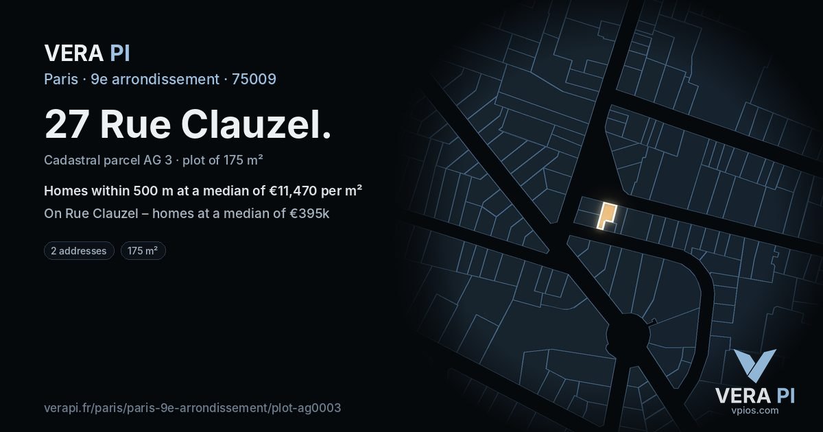 27 Rue Clauzel, 9e arrondissement at night – the plot lit, the parcels around coloured by the prices near them
