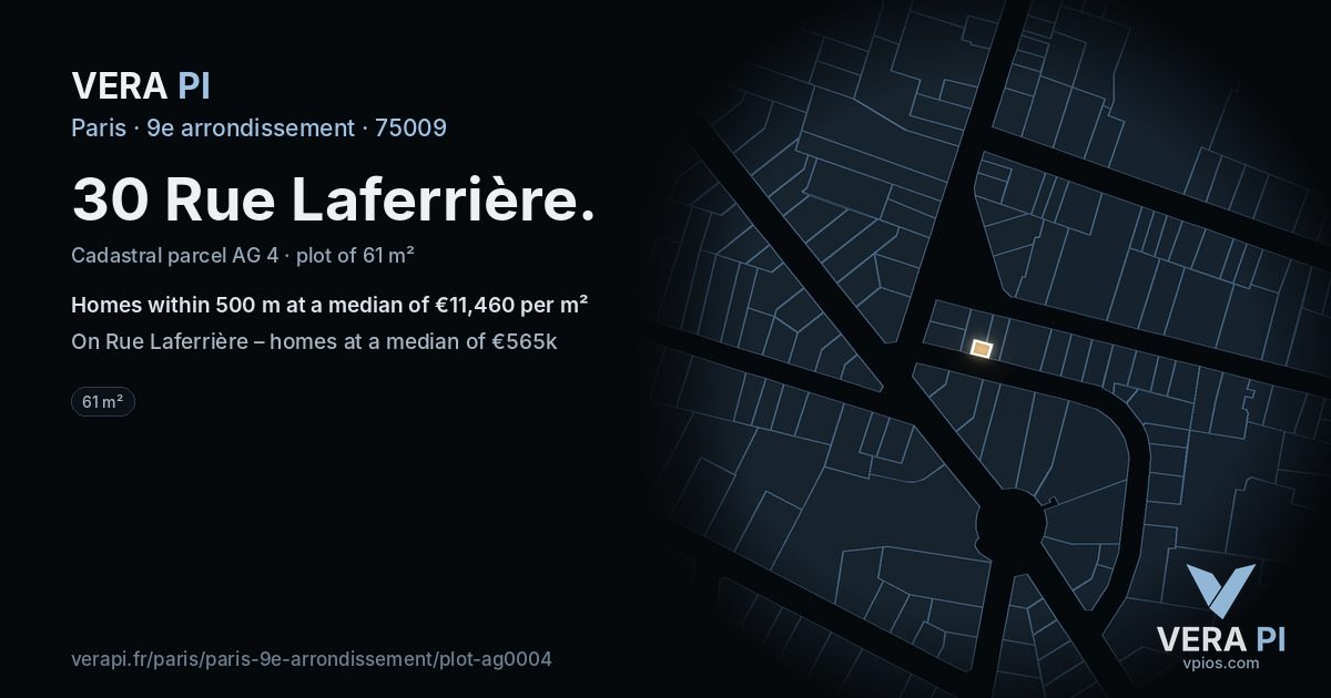 30 Rue Laferrière, 9e arrondissement at night – the plot lit, the parcels around coloured by the prices near them