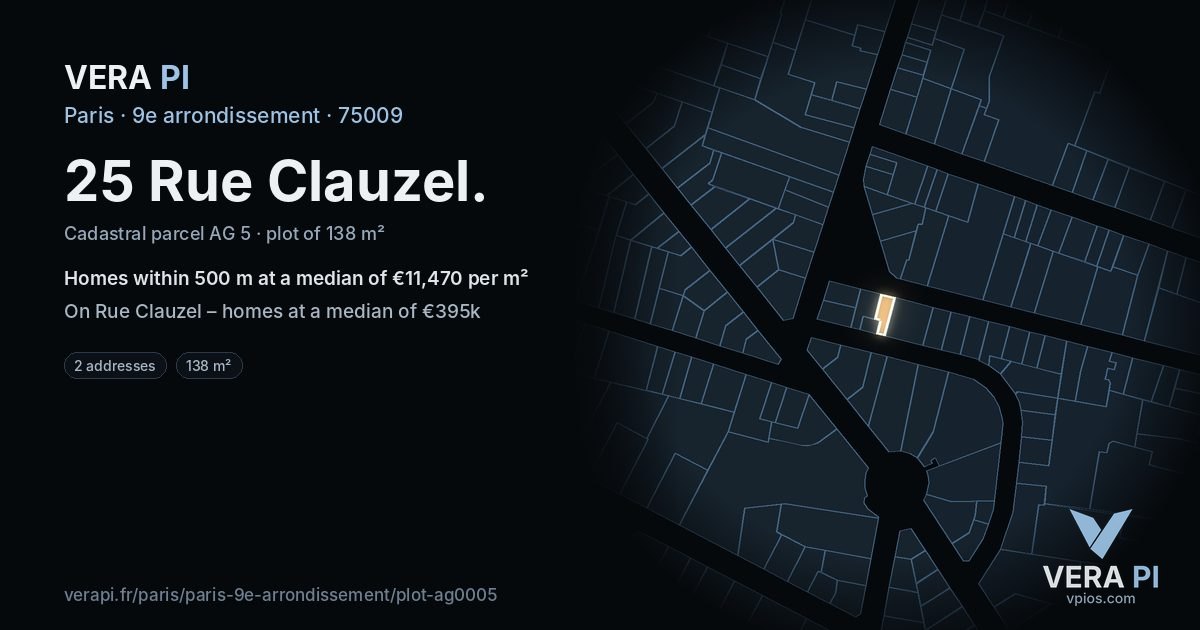 25 Rue Clauzel, 9e arrondissement at night – the plot lit, the parcels around coloured by the prices near them