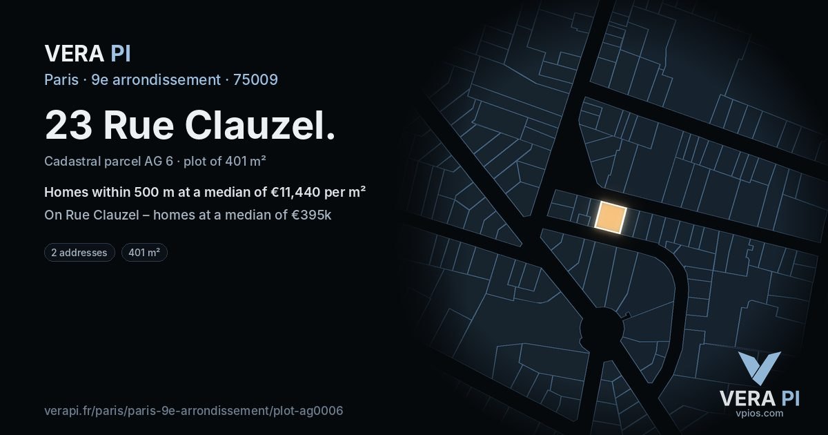 23 Rue Clauzel, 9e arrondissement at night – the plot lit, the parcels around coloured by the prices near them