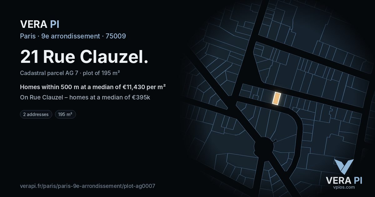 21 Rue Clauzel, 9e arrondissement at night – the plot lit, the parcels around coloured by the prices near them