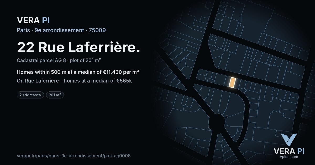 22 Rue Laferrière, 9e arrondissement at night – the plot lit, the parcels around coloured by the prices near them