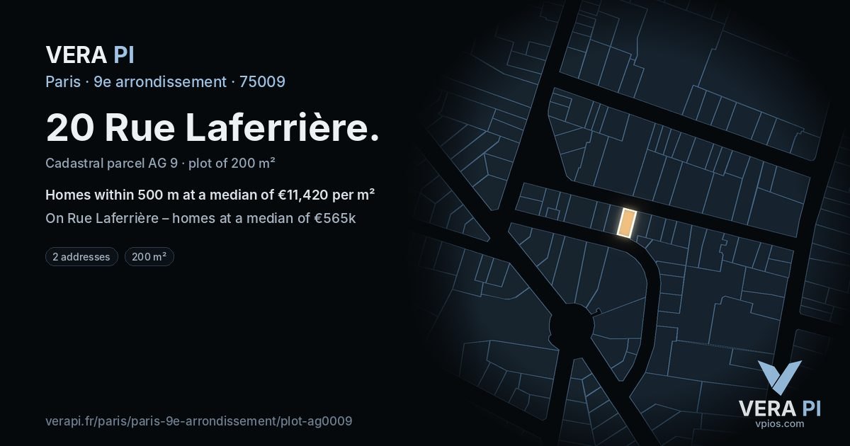 20 Rue Laferrière, 9e arrondissement at night – the plot lit, the parcels around coloured by the prices near them