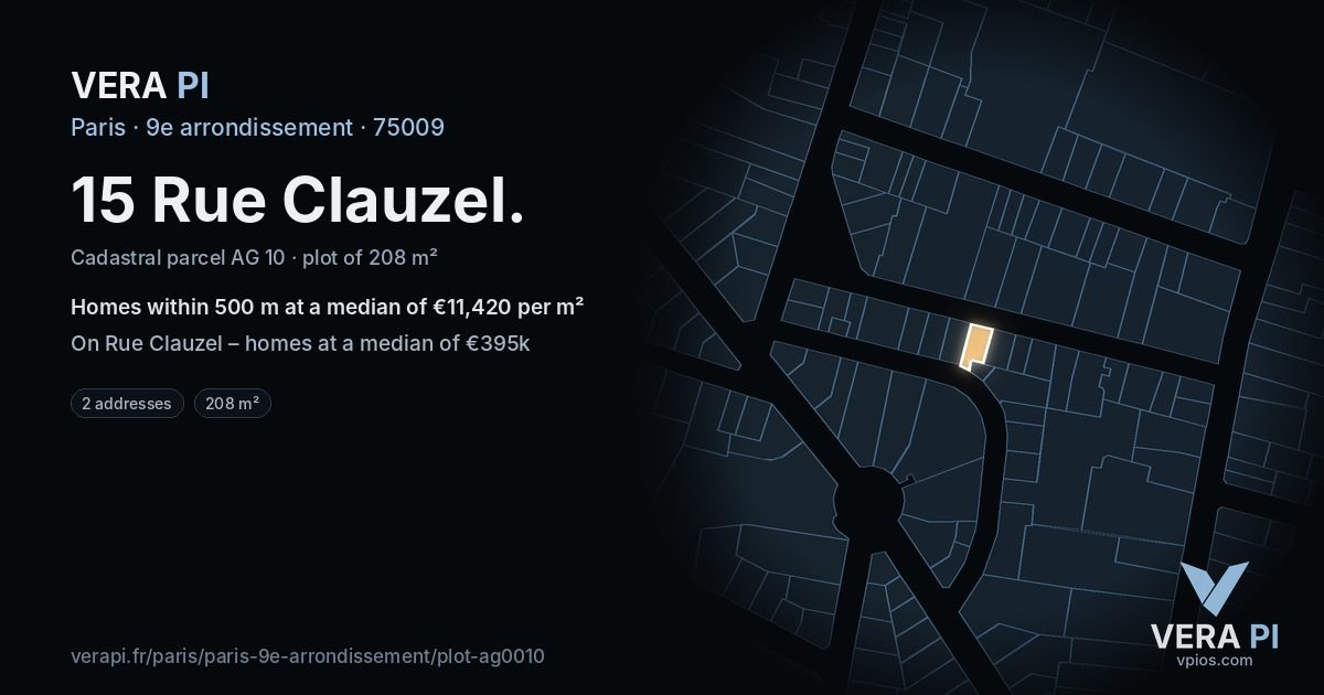 15 Rue Clauzel, 9e arrondissement at night – the plot lit, the parcels around coloured by the prices near them