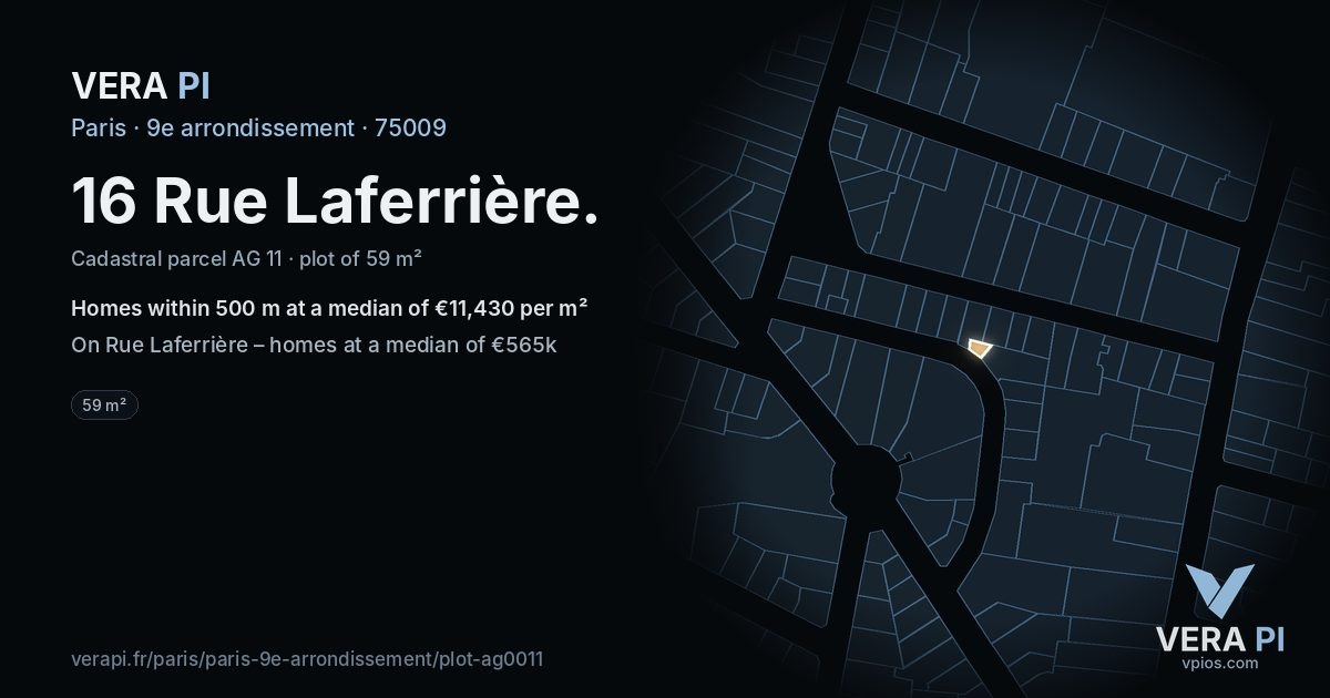 16 Rue Laferrière, 9e arrondissement at night – the plot lit, the parcels around coloured by the prices near them
