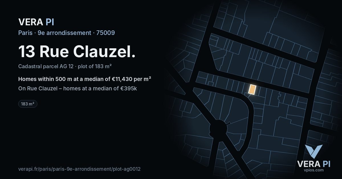 13 Rue Clauzel, 9e arrondissement at night – the plot lit, the parcels around coloured by the prices near them