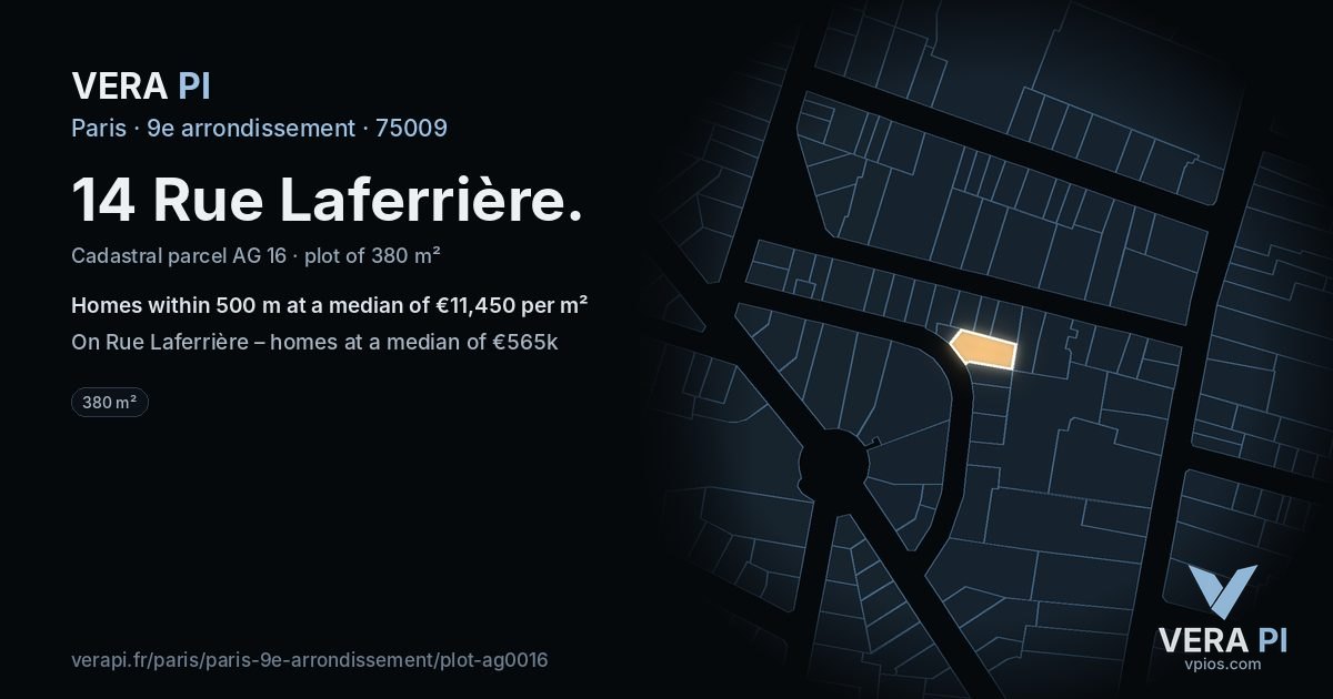 14 Rue Laferrière, 9e arrondissement at night – the plot lit, the parcels around coloured by the prices near them