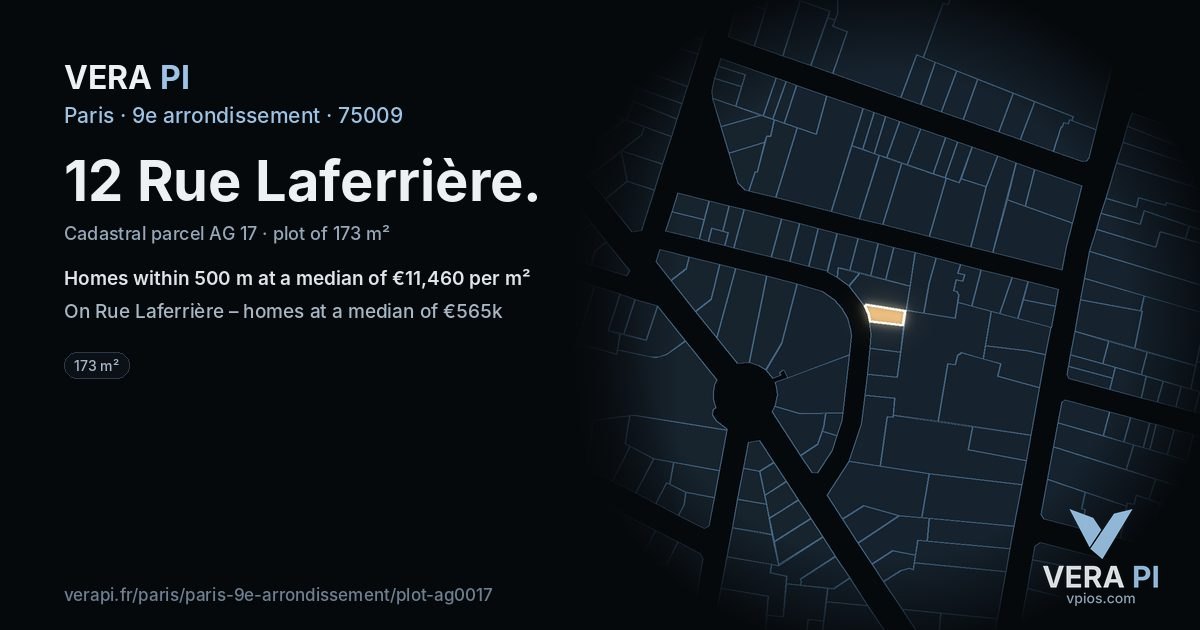12 Rue Laferrière, 9e arrondissement at night – the plot lit, the parcels around coloured by the prices near them