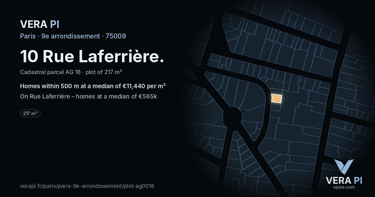 10 Rue Laferrière, 9e arrondissement at night – the plot lit, the parcels around coloured by the prices near them