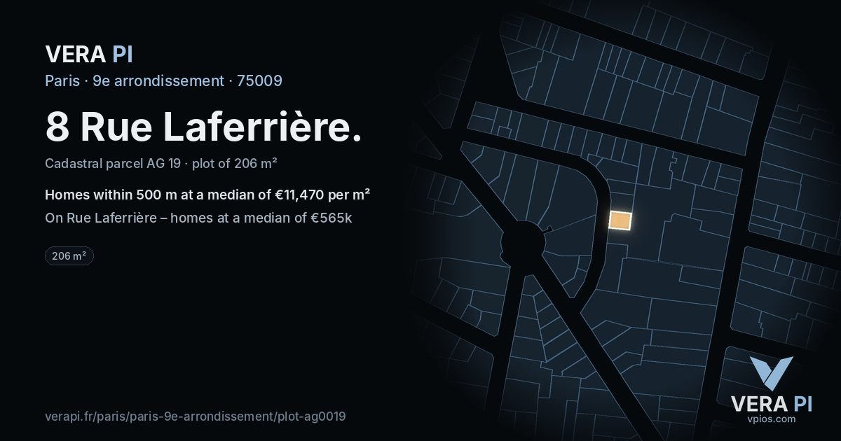 8 Rue Laferrière, 9e arrondissement at night – the plot lit, the parcels around coloured by the prices near them