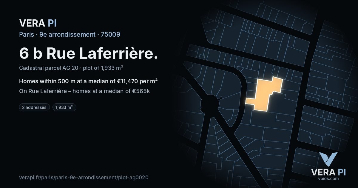 6 b Rue Laferrière, 9e arrondissement at night – the plot lit, the parcels around coloured by the prices near them