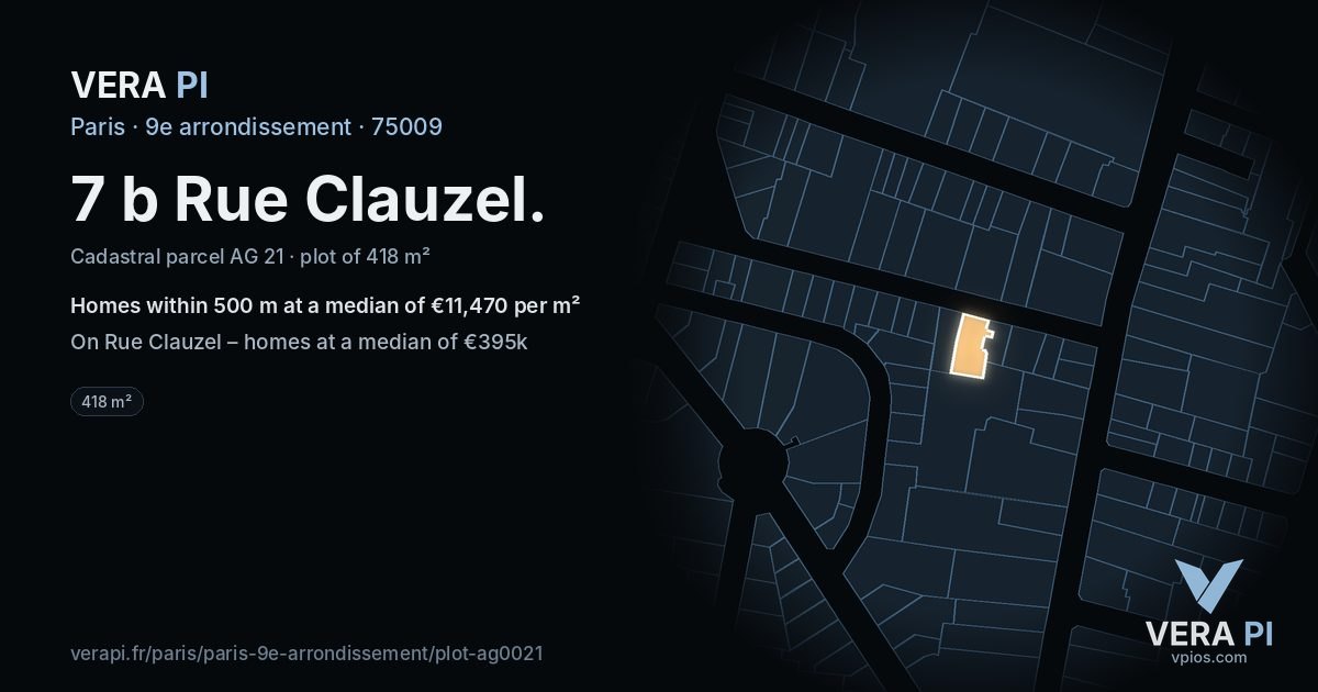 7 b Rue Clauzel, 9e arrondissement at night – the plot lit, the parcels around coloured by the prices near them