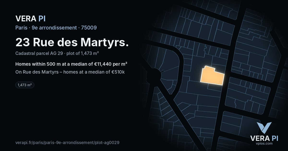 23 Rue des Martyrs, 9e arrondissement at night – the plot lit, the parcels around coloured by the prices near them