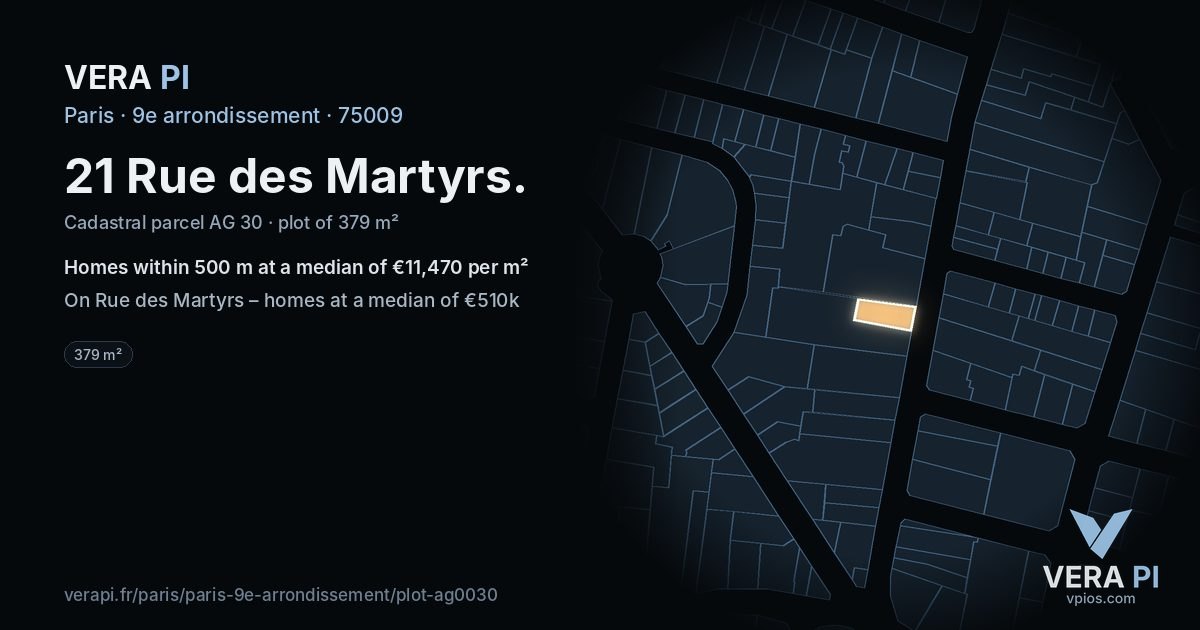21 Rue des Martyrs, 9e arrondissement at night – the plot lit, the parcels around coloured by the prices near them