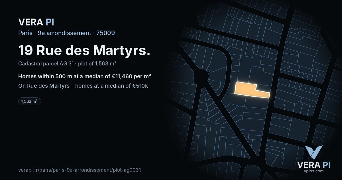 19 Rue des Martyrs, 9e arrondissement at night – the plot lit, the parcels around coloured by the prices near them