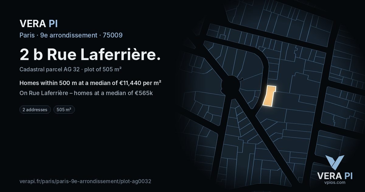 2 b Rue Laferrière, 9e arrondissement at night – the plot lit, the parcels around coloured by the prices near them