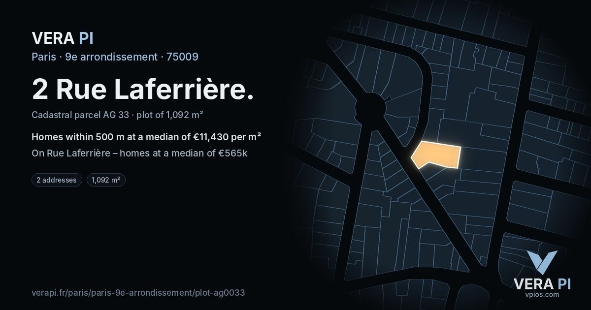 2 Rue Laferrière, 9e arrondissement at night – the plot lit, the parcels around coloured by the prices near them