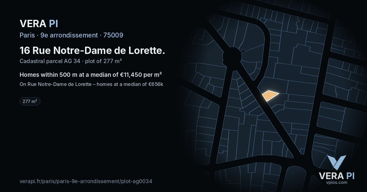 16 Rue Notre-Dame de Lorette, 9e arrondissement at night – the plot lit, the parcels around coloured by the prices near them