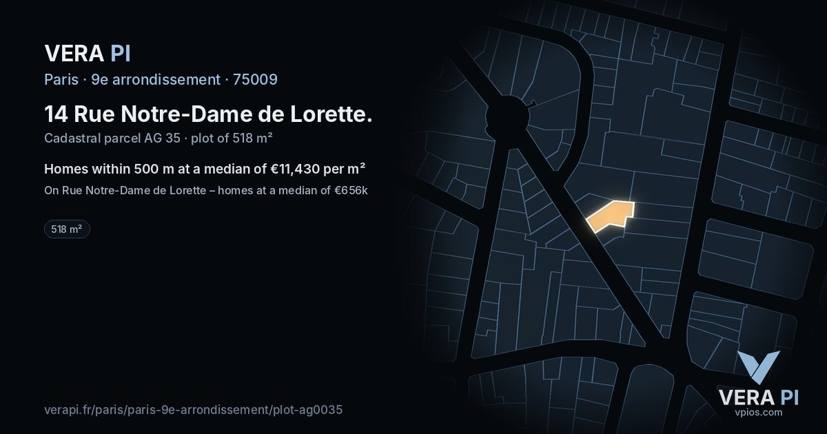 14 Rue Notre-Dame de Lorette, 9e arrondissement at night – the plot lit, the parcels around coloured by the prices near them